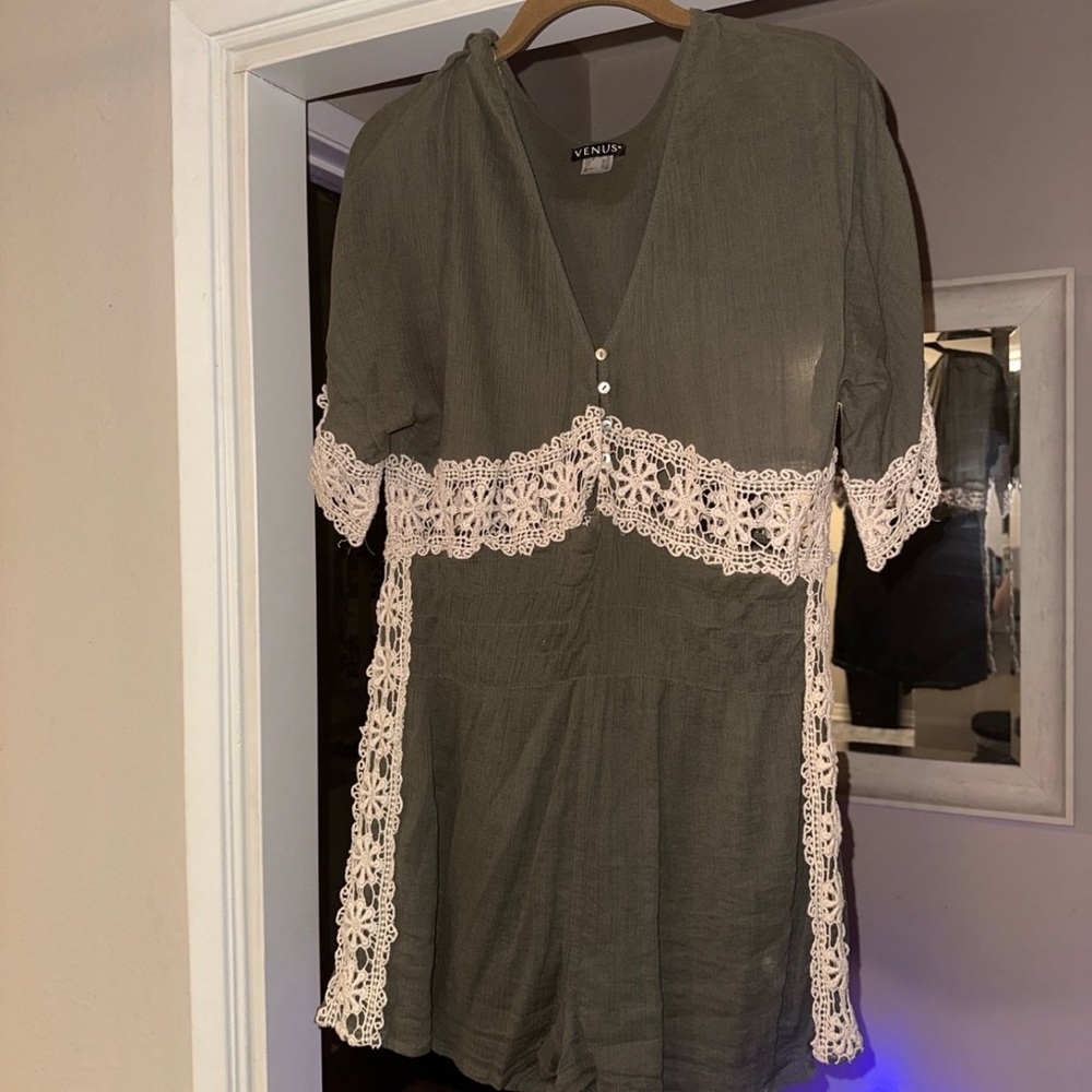 VENUS Khaki Romper with White Lace Accents